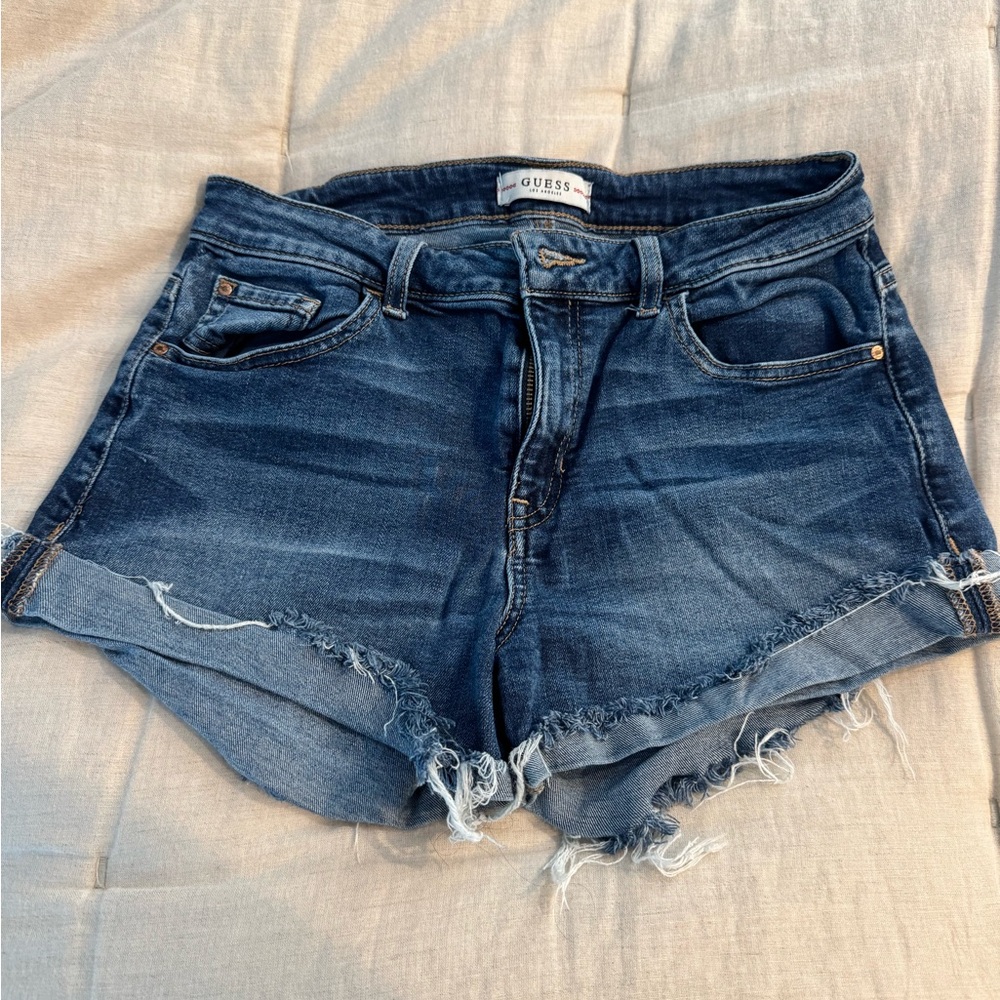 GUESS Dark Blue Frayed Denim Cutoff Shorts